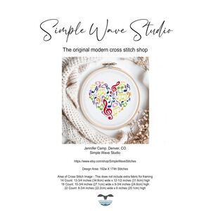 Rainbow Music Notes Heart Silhouette Counted‎ Cross Stitch Pattern Chart